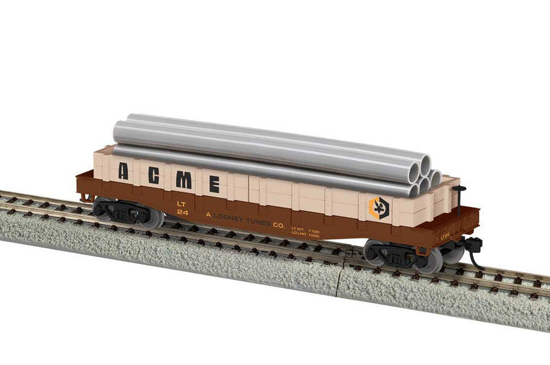 40' Flatcar w/Wood Sides (Gondola) & Tree Load - Ready to Run -- Acme #24 (Boxcar Red, beige, black, Looney Tunes)