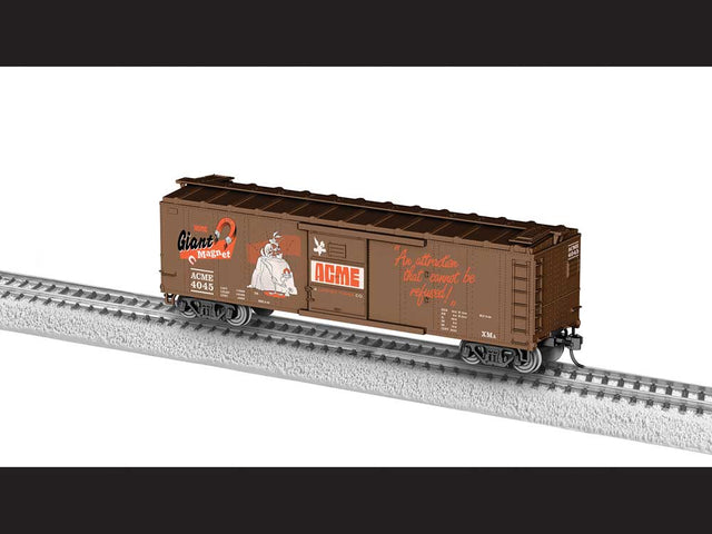 40' Steel Flat-End Boxcar - Ready to Run -- ACME #4045 (Road Runner & Coyote, Giant Magnet, Boxcar Red, white, orange)
