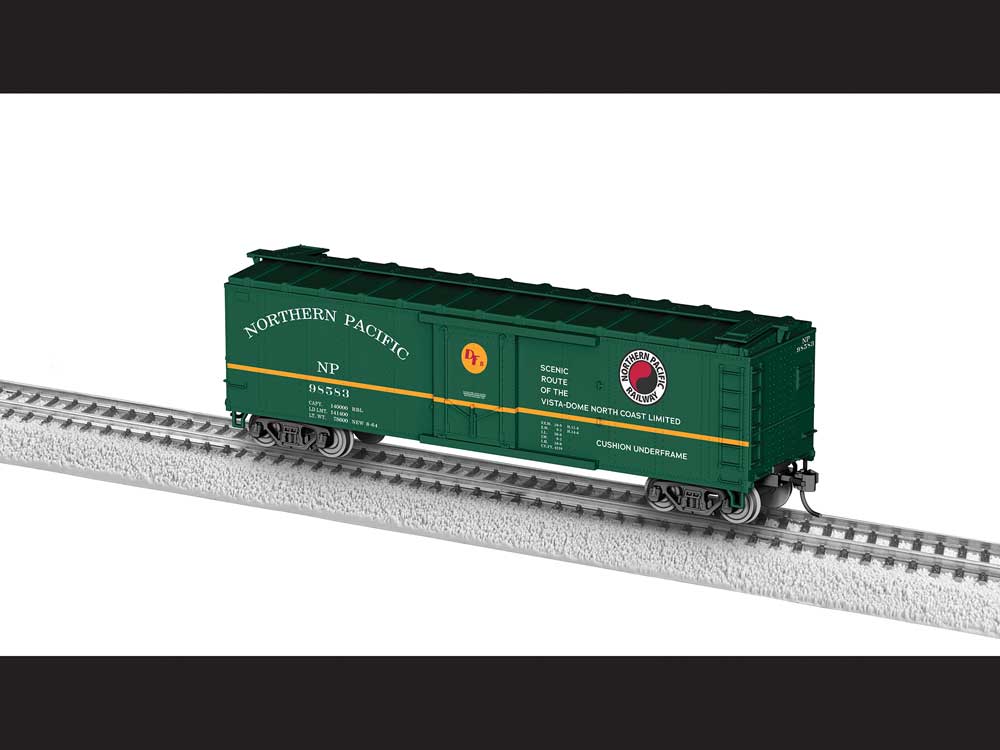40' Steel Flat-End Boxcar - Ready to Run -- Northern Pacific #98583 (green, yellow, North Coast Limited Slogan)