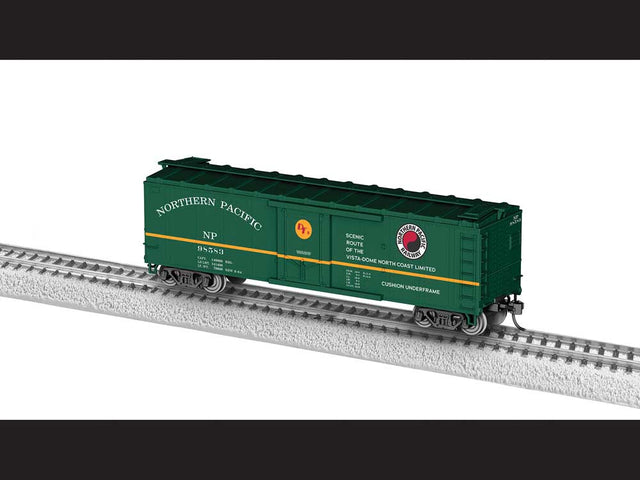40' Steel Flat-End Boxcar - Ready to Run -- Northern Pacific #98583 (green, yellow, North Coast Limited Slogan)