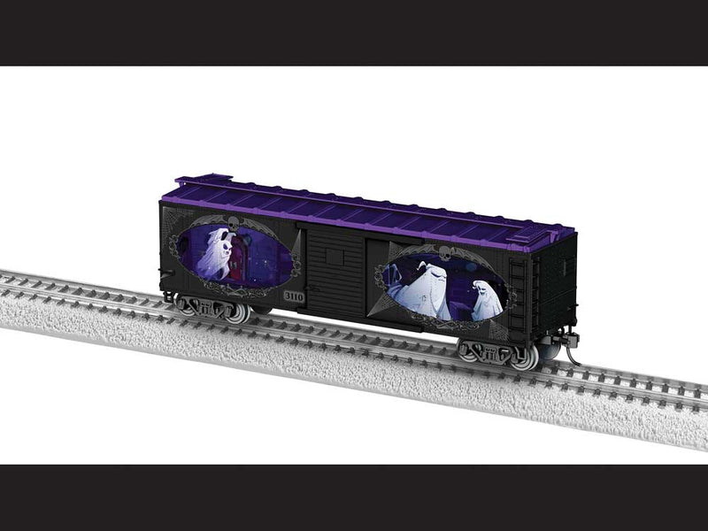 40' Steel Flat-End Boxcar with Sound - Ready to Run - The Polar Express(TM) -- Halloween #3110 (black, purple, Ghost Scenes)