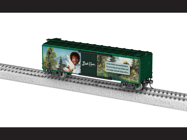 40' Steel Flat-End Boxcar - Ready to Run -- Bob Ross Commemorative (green, blue, color portrait)