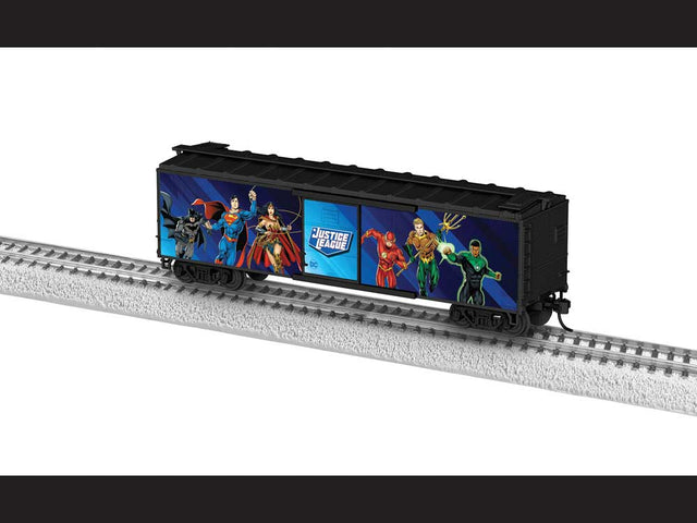40' Steel Flat-End Boxcar - Ready to Run -- Justice League (black, Full-Color Characters)