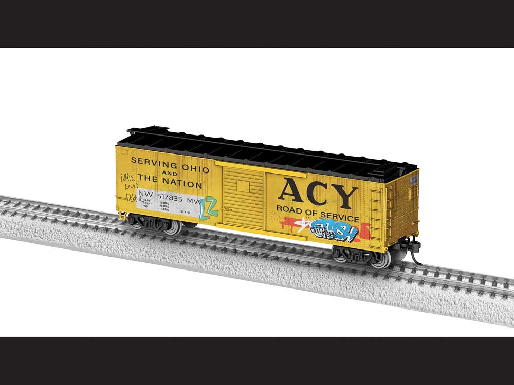 40' Steel Flat-End Boxcar - Ready to Run -- Akron, Canton & Youngstown #517835 (yellow, black, large ACY, graffiti)-1