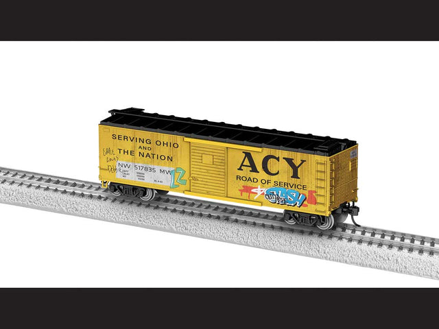 40' Steel Flat-End Boxcar - Ready to Run -- Akron, Canton & Youngstown #517835 (yellow, black, large ACY, graffiti)-1