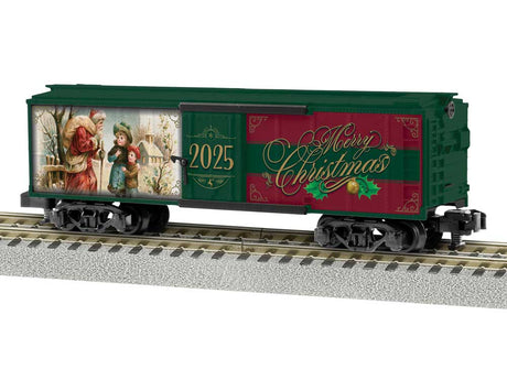 Boxcar - Ready to Run - American Flyer(R) -- 2025 Christmas (green, red, gold, Mural Sides)-1