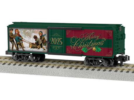 Boxcar - Ready to Run - American Flyer(R) -- 2025 Christmas (green, red, gold, Mural Sides)-2