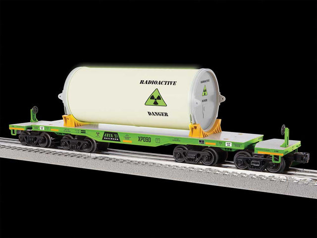 8-Axle Heavy-Duty Flatcar w/Canister Load - 3-Rail - Ready to Run -- Area 51 #XP09D (green, gray)-1