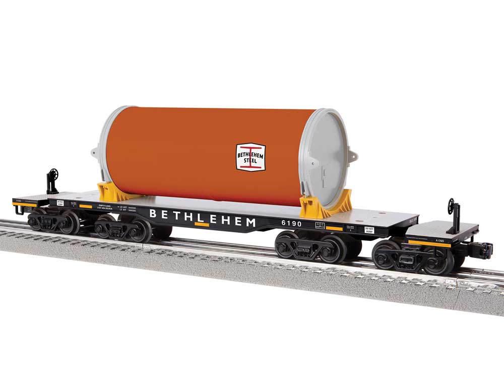 8-Axle Heavy-Duty Flatcar w/Canister Load - 3-Rail - Ready to Run -- Bethlehem Steel #6190 (black, gray)
