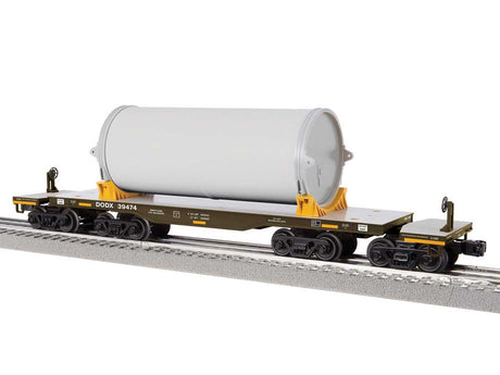 8-Axle Heavy-Duty Flatcar w/Canister Load - 3-Rail - Ready to Run -- Department fo Defense DODX #39474 (black, gray, yellow)