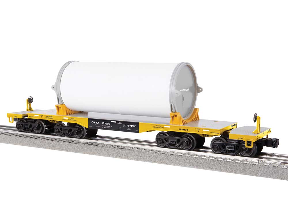 8-Axle Heavy-Duty Flatcar w/Canister Load - 3-Rail - Ready to Run -- TTX QTTX #131003 (yellow, black, gray)