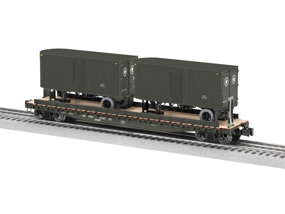 Intermodal TOFC Flatcar w/2 Trailers - 3-Rail - Ready to Run -- U.S. Army #39500 (green)