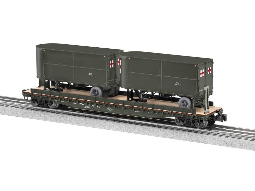 Intermodal TOFC Flatcar w/2 Trailers - 3-Rail - Ready to Run -- U.S. Army #39514 (green)