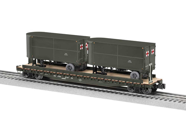 Intermodal TOFC Flatcar w/2 Trailers - 3-Rail - Ready to Run -- U.S. Army #39514 (green)