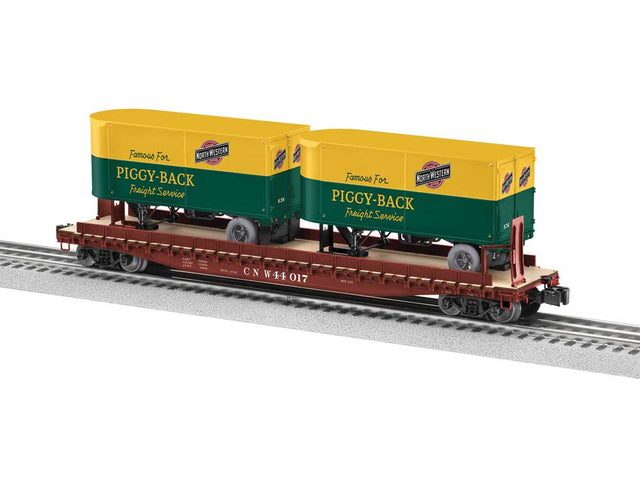 Intermodal TOFC Flatcar w/2 Trailers - 3-Rail - Ready to Run -- Chicago & North Western #44017 (Boxcar Red, yellow & green trailers)