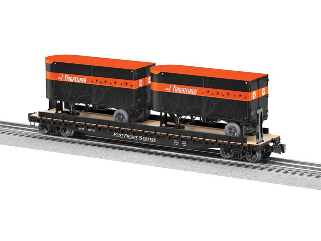 Intermodal TOFC Flatcar w/2 Trailers - 3-Rail - Ready to Run -- Frightliner #103125 (Halloween, black, orange)