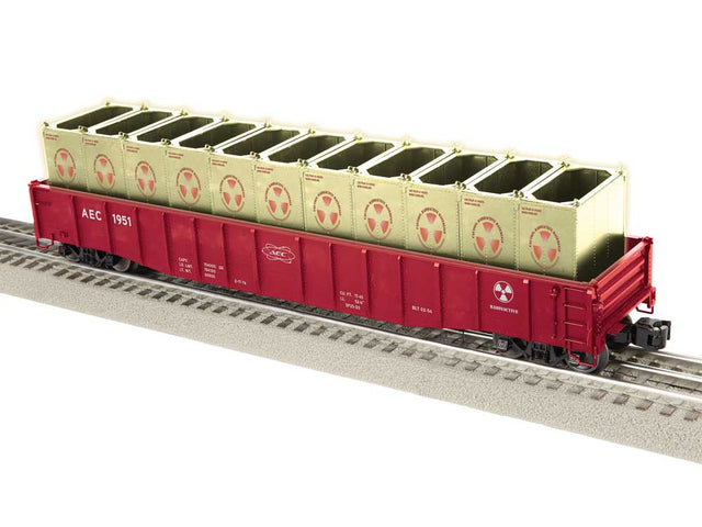 Pullman-Standard PS-5 50' Gondola w/Canister Load - 3-Rail - Ready to Run -- Atomic Energy Commission AEC #1951 (red, Glow-in-the-Dark Load)-1