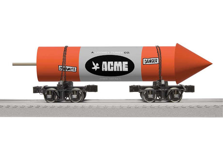 Disconnect Log Trucks with Rocket Load - 3-Rail - Ready to Run - Looney Tunes -- Acme (black Trucks, red, black, white Rocket)