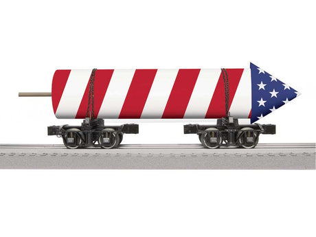 Disconnect Log Trucks with Rocket Load - 3-Rail - Ready to Run -- USA (black Trucks, red, white, blue Rocket)