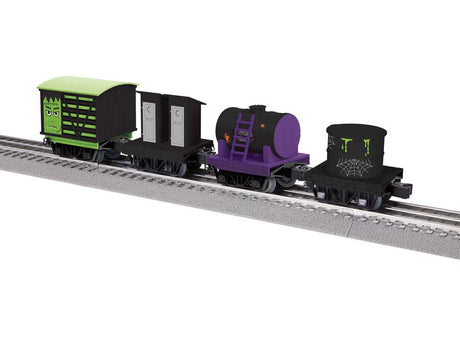 Disconnect 4-Car Set - 3-Rail - Ready to Run -- Halloween (1 Each: Boxcar, Outhouse, Tank, Drum)