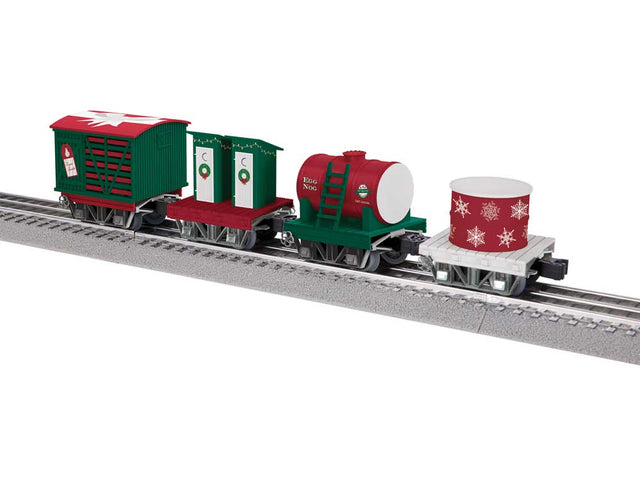 Disconnect 4-Car Set - 3-Rail - Ready to Run -- Christmas (1 Each: Boxcar, Outhouse, Tank, Drum)