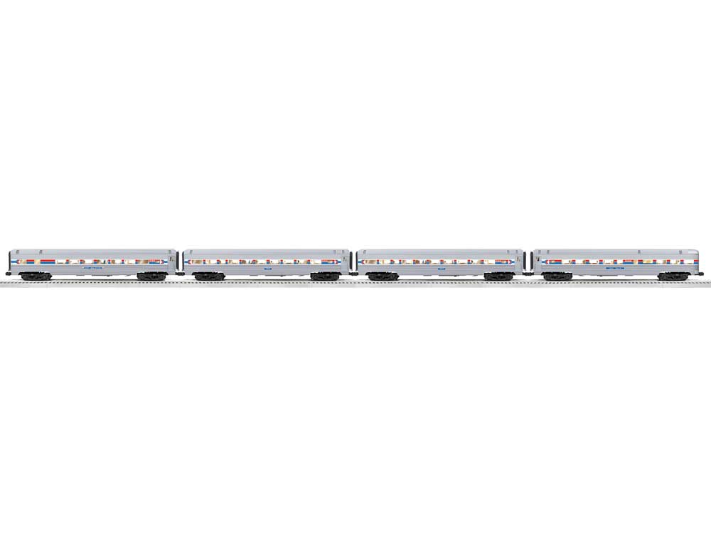 18" Streamlined Fluted-Side 3 Coaches, Observation - 3-Rail Ready to Run - -- Amtrak (Phase 1, silver, red, blue, white)