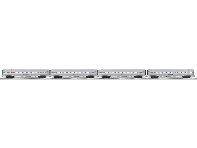 18" Streamlined Fluted-Side 3 Coaches, Observation - 3-Rail Ready to Run - -- Amtrak (Phase 1, silver, red, blue, white)
