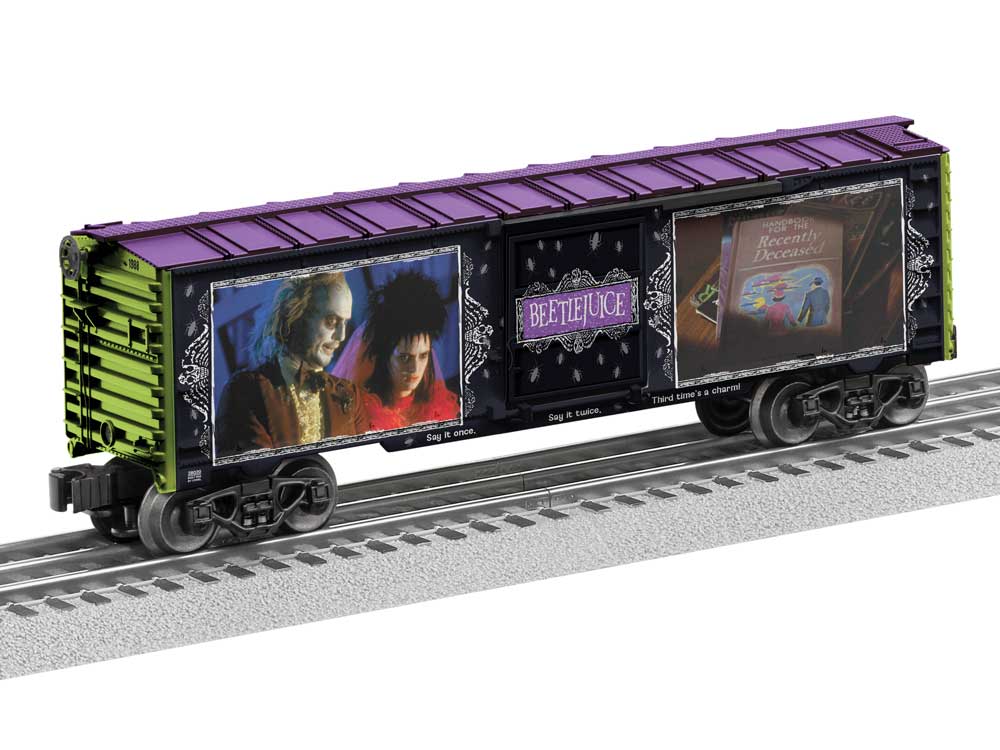 Steel Boxcar - 3-Rail - Ready to Run -- Beetlejuice Movie #28020 (black, purple)-1