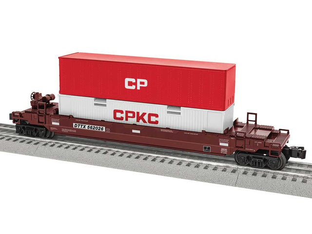 Maxi Stack Well Car w/Container Load - 3-Rail - Ready to Run -- Trailer-Train DTTX #562026 (Boxcar Red; red CP, white CPKC Containers)