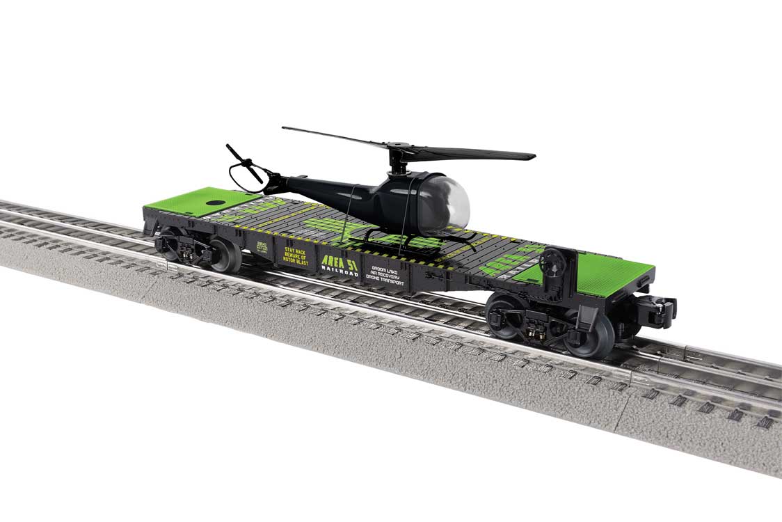 Flatcar w/Partol Helicopter Load - 3-Rail - Ready to Run -- Area 51 #28040 (black, green)