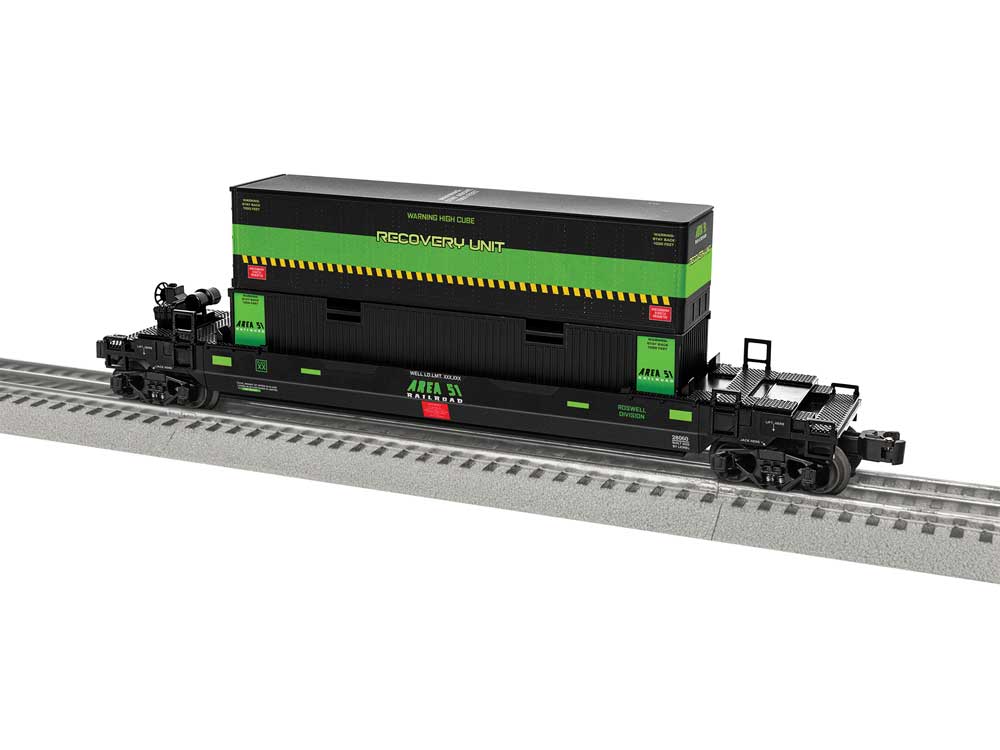 Maxi Stack Well Car w/Container Load - 3-Rail - Ready to Run -- Area 51 #28060 (black, green)