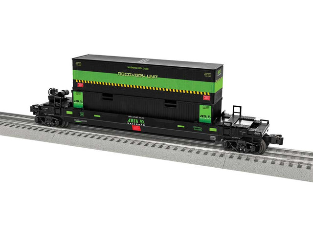 Maxi Stack Well Car w/Container Load - 3-Rail - Ready to Run -- Area 51 #28060 (black, green)