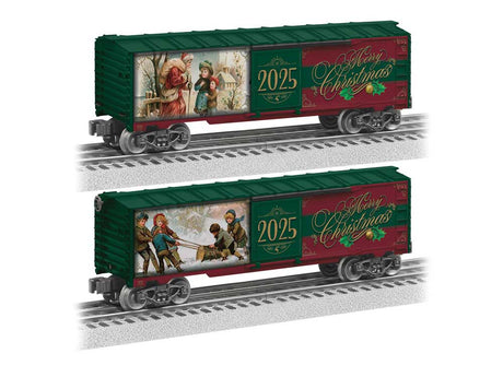 Steel Boxcar - 3-Rail - Ready to Run -- 2025 Christmas (green, red, gold; Mural Sides)