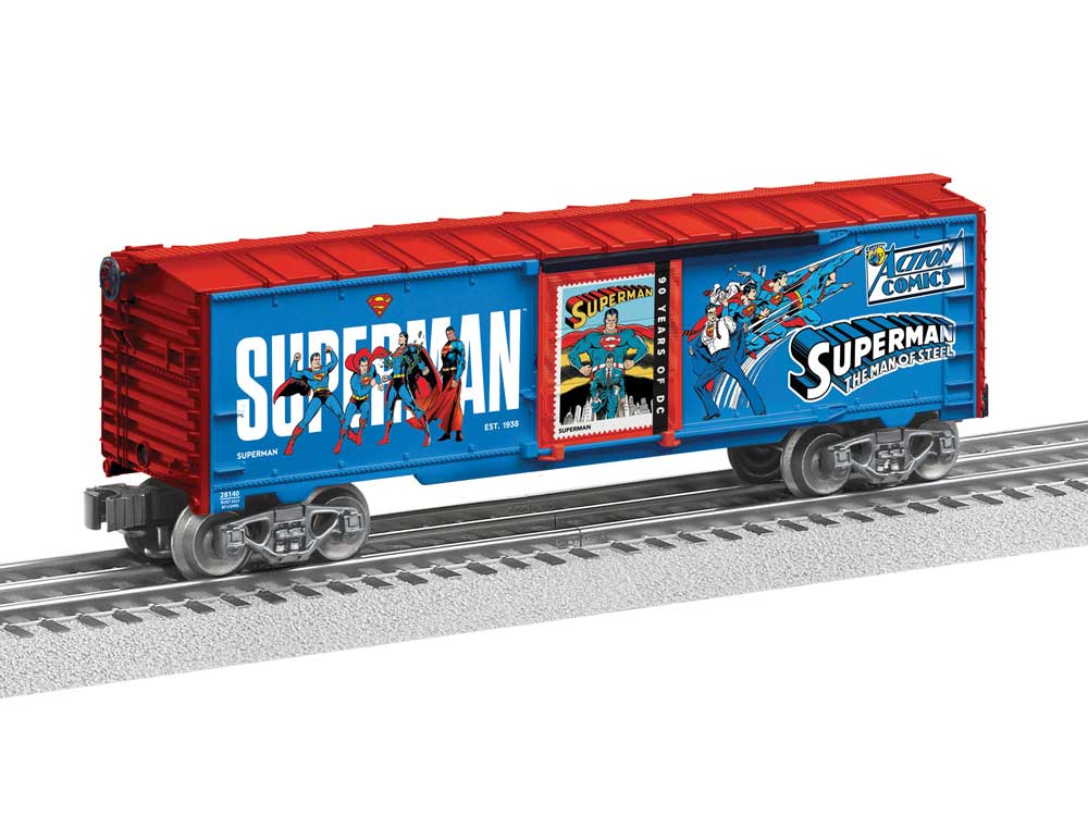 Steel Boxcar - 3-Rail - Ready to Run -- Superman (DC Comics 90th Anniversary, blue, red, white)