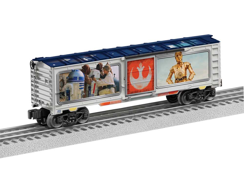 Steel Boxcar - 3-Rail - Ready to Run -- Star Wars(TM) R2D2, C3PO, Princess Leia (silver, blue, Full Color; Rebel Logo)-2