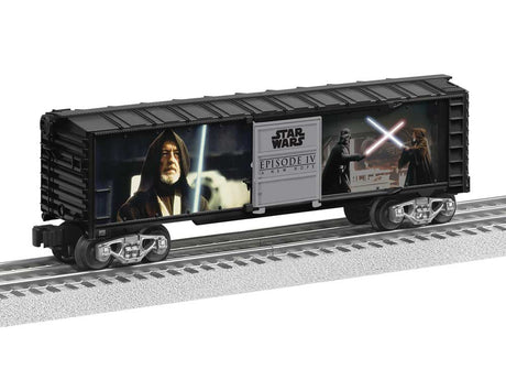 Steel Boxcar with Illuminated Light Sabers - 3-Rail - Ready to Run -- Star Wars(TM) Darth Vader vs. Obi-Wan Kenobi (black, Ful-Color Sides)-1