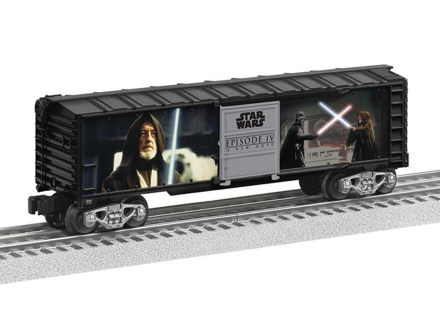 Steel Boxcar with Illuminated Light Sabers - 3-Rail - Ready to Run -- Star Wars(TM) Darth Vader vs. Obi-Wan Kenobi (black, Ful-Color Sides)-1