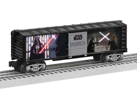 Steel Boxcar with Illuminated Light Sabers - 3-Rail - Ready to Run -- Star Wars(TM) Darth Vader vs. Obi-Wan Kenobi (black, Ful-Color Sides)-2