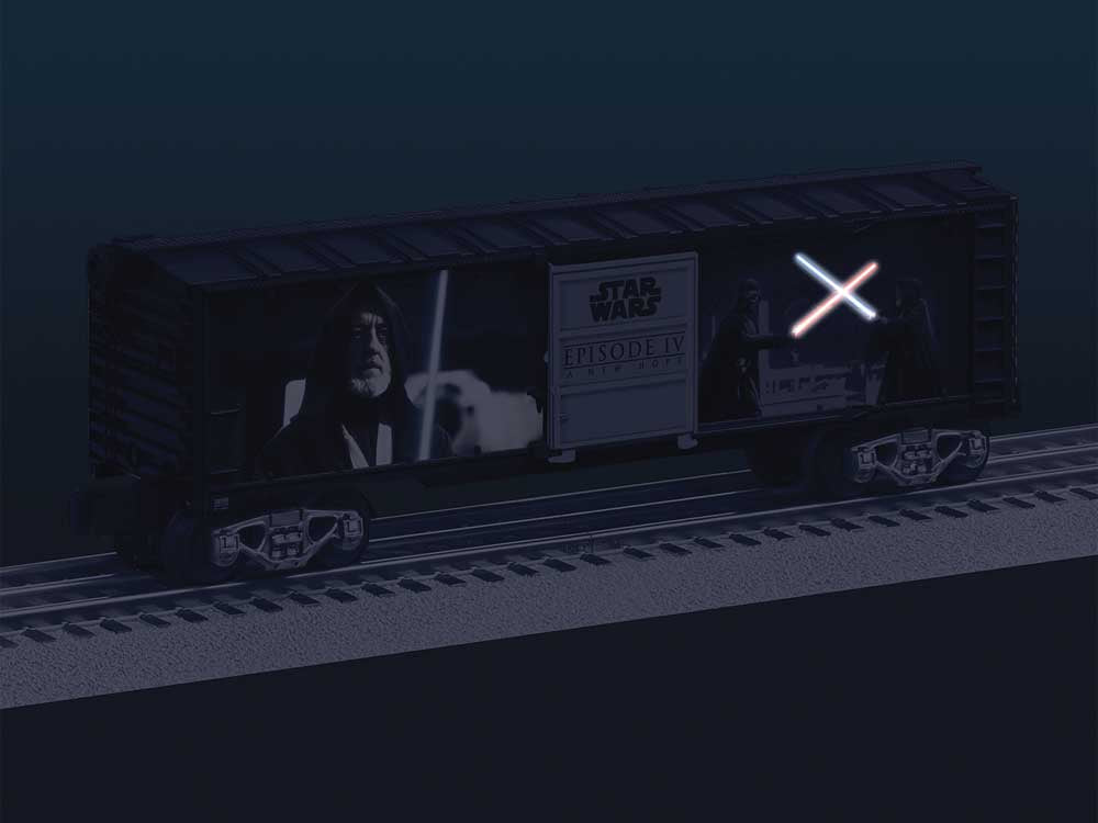 Steel Boxcar with Illuminated Light Sabers - 3-Rail - Ready to Run -- Star Wars(TM) Darth Vader vs. Obi-Wan Kenobi (black, Ful-Color Sides)-3