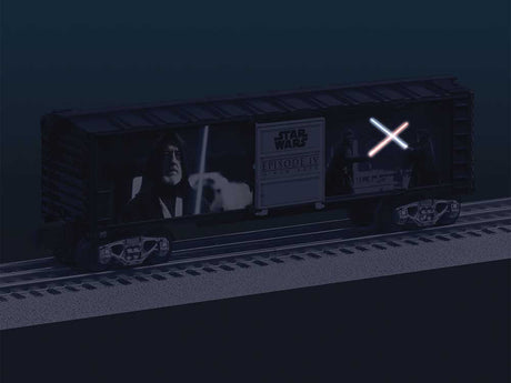 Steel Boxcar with Illuminated Light Sabers - 3-Rail - Ready to Run -- Star Wars(TM) Darth Vader vs. Obi-Wan Kenobi (black, Ful-Color Sides)-3
