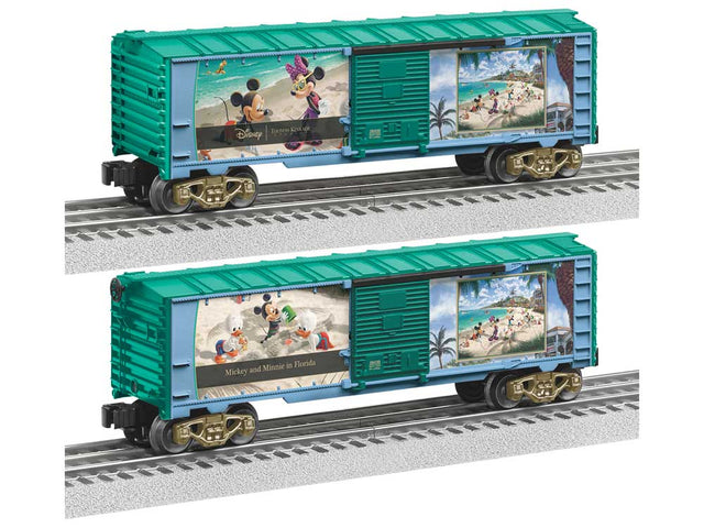 Steel Boxcar - 3-Rail - Ready to Run - Thomas Kinkade Studios -- Disney Mickey & Minnie in Florida (green, blue)