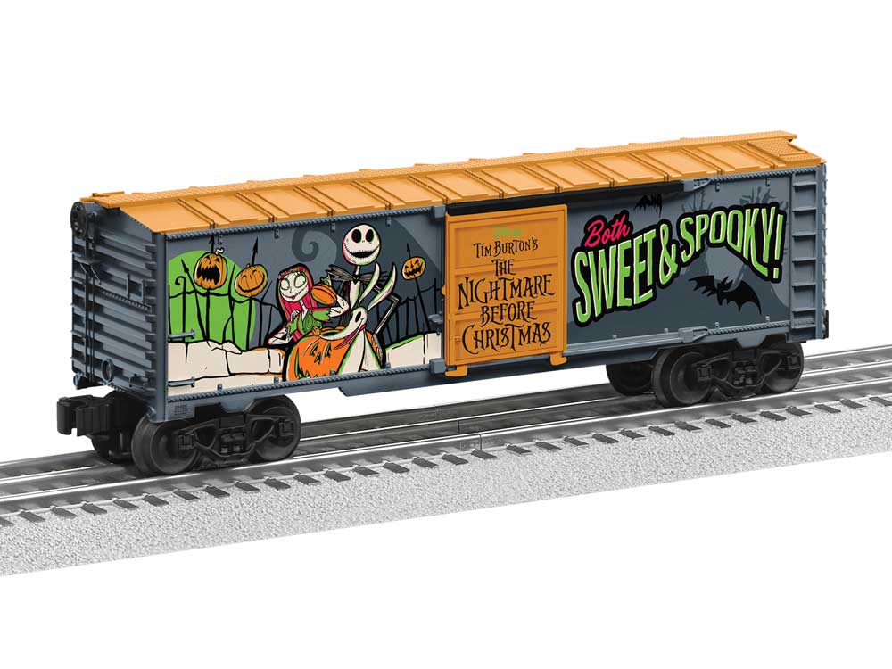Steel Boxcar - 3-Rail - Ready to Run -- Disney Nightmare Before Christmas (Halloween, gray, orange, glow-in-dark)-1