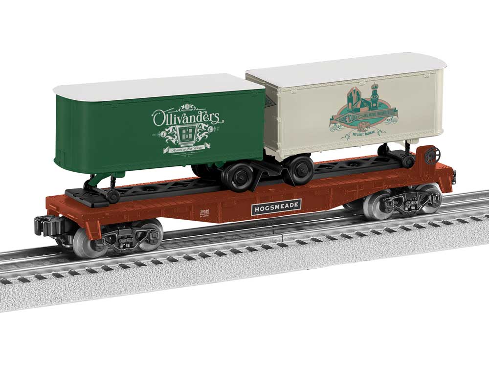 Intermodal TOFC Flatcar w/2 Trailers - 3-Rail - Ready to Run -- Harry Potter Hogsmeade (red car w/green & white Trailers)