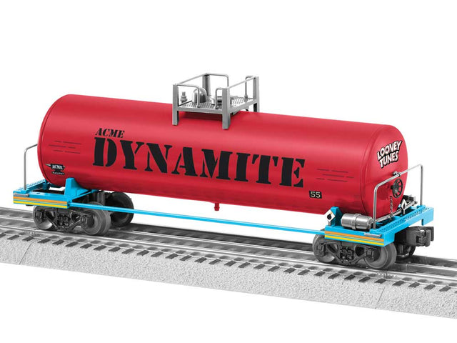 Modern Frameless Tank Car - 3-Rail - Ready to Run -- Looney Tunes Acme Dynamite (red, black, blue)-1
