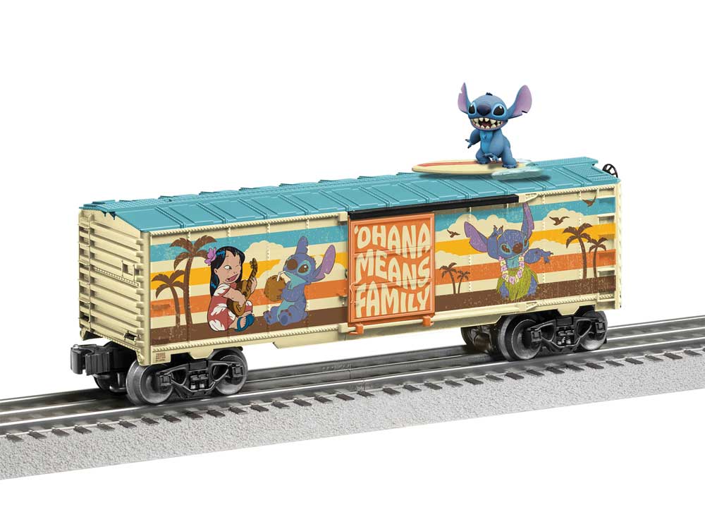 Surfing Steel Boxcar - 3-Rail - Ready to Run - Thomas Kinkade Studios -- Disney Stich (gold car w/multi-color art)