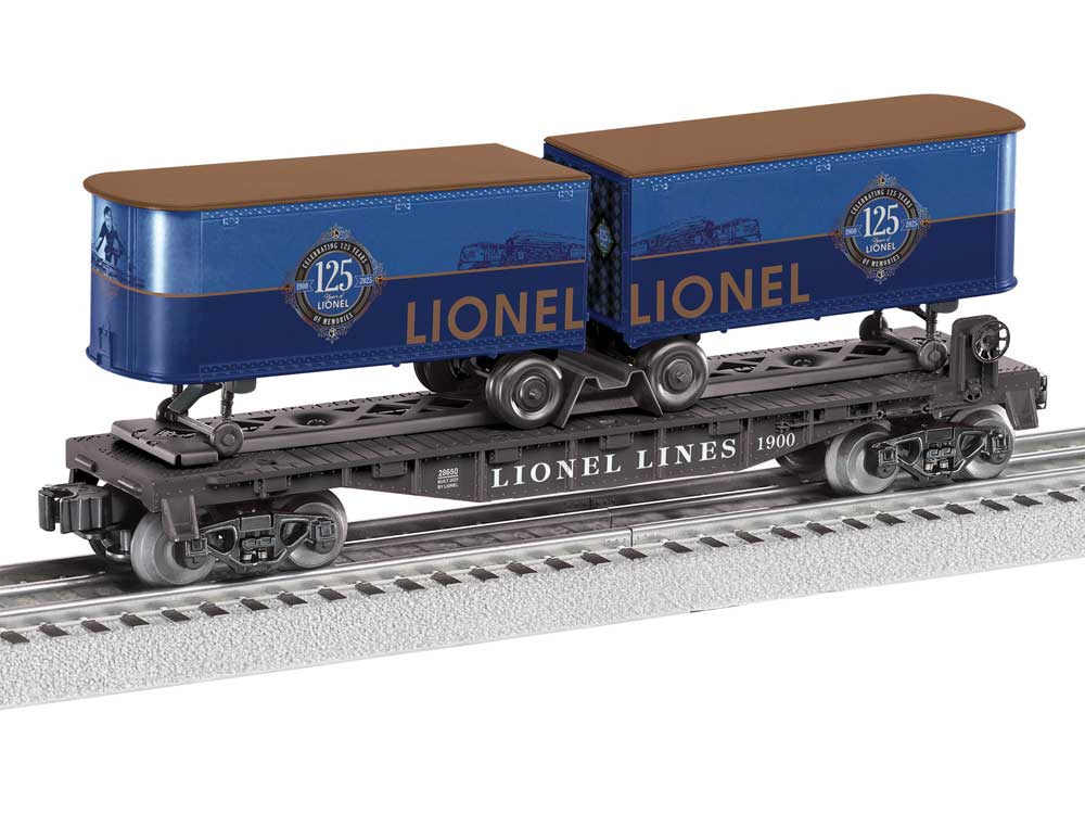 Intermodal TOFC Flatcar w/2 Trailers - 3-Rail - Ready to Run -- Lionel (125th Anniversary, black, blue, gold)