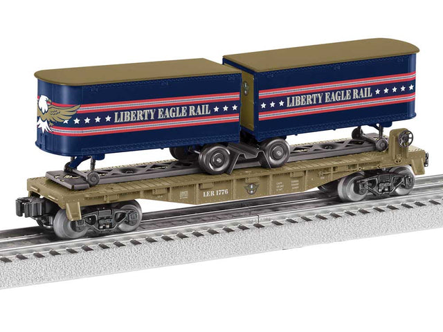 Intermodal TOFC Flatcar w/2 Trailers - 3-Rail - Ready to Run -- Liberty Eagle Rail (gold, blue, red)