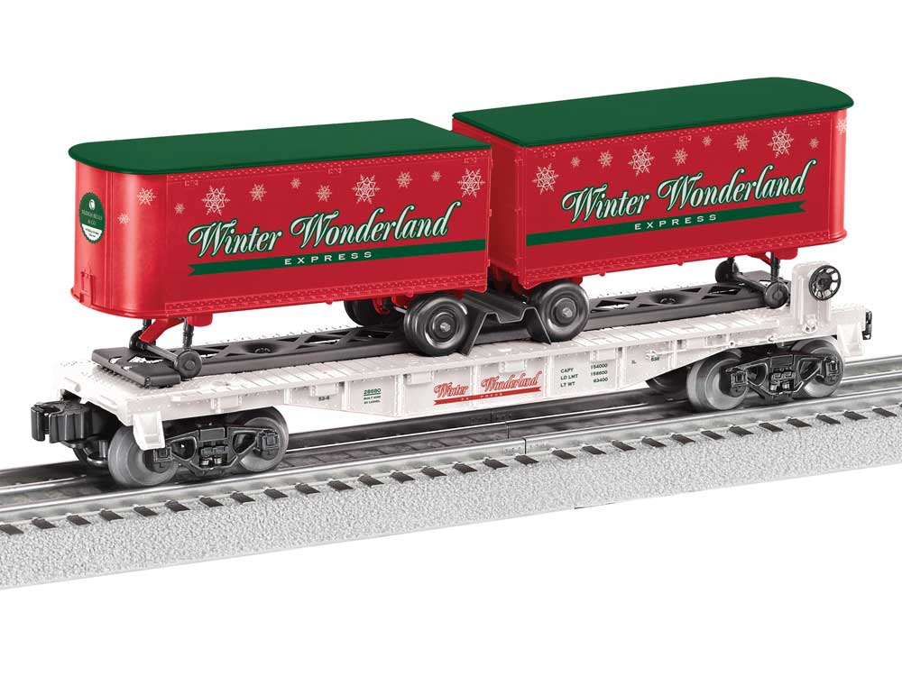 Intermodal TOFC Flatcar w/2 Trailers - 3-Rail - Ready to Run -- Winter Wonderland Express (white, red, green)