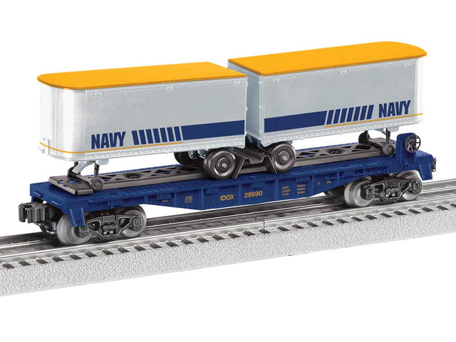 Intermodal TOFC Flatcar w/2 Trailers - 3-Rail - Ready to Run -- Navy (blue, silver, yellow)
