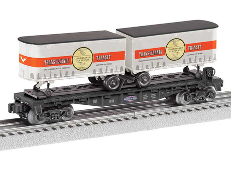 Intermodal TOFC Flatcar w/2 Trailers - 3-Rail - Ready to Run -- Whispering Rails (black, silver & red Transylvania Transit Halloween Trailer